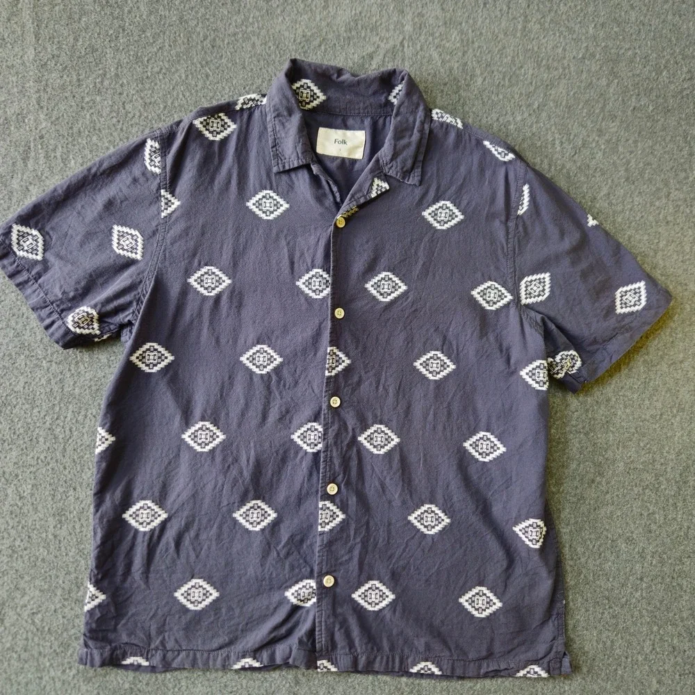 FOLK Navy Geometric Embroidered SS Cotton Button Down Shirt Size L EUC Festival